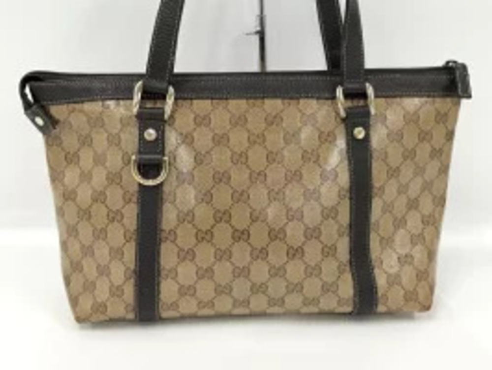 Gucci GG Bag Leather Tote Crystal Brown Cream Beige Cream Tan